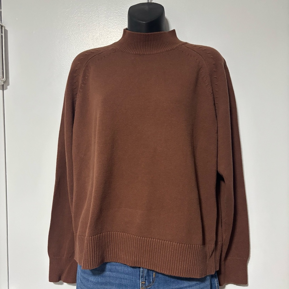 Quince Chestnut Brown Cotton Mock Neck Sweater Size Medium
